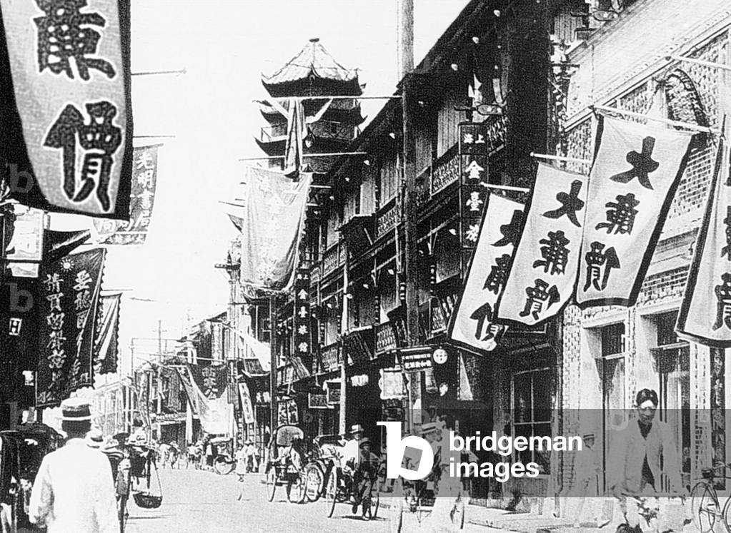China: A long row of shops on Shanghai's Fuzhou Road, 1930s
