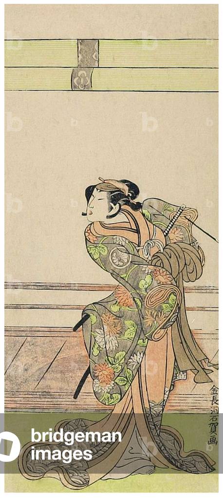 Japan: The Kabuki actor Onoe Kikunojo as a female samurai. Kinchodo Sekiga, c.1780-1790