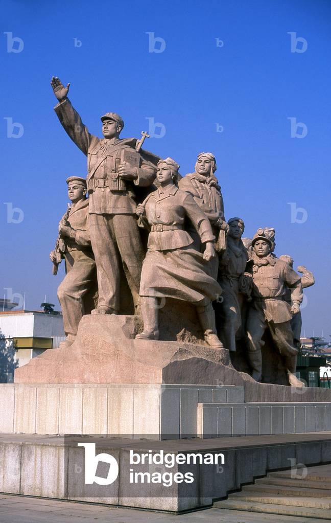 China: Revolutionary statues flanking Mao Zedong's mausoleum in Tiananmen Square, Beijing