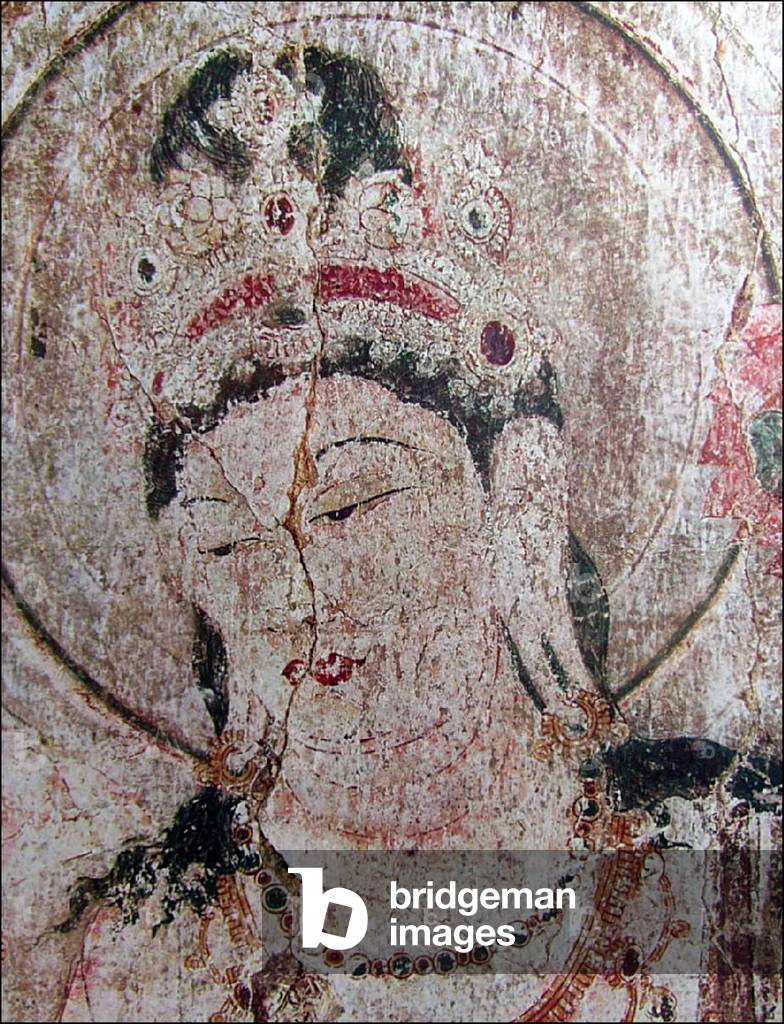 Japan: Lost Horyuji Temple fresco from a pre-1949 photograph: No.2 wall, Bodhisattva, detail of head.