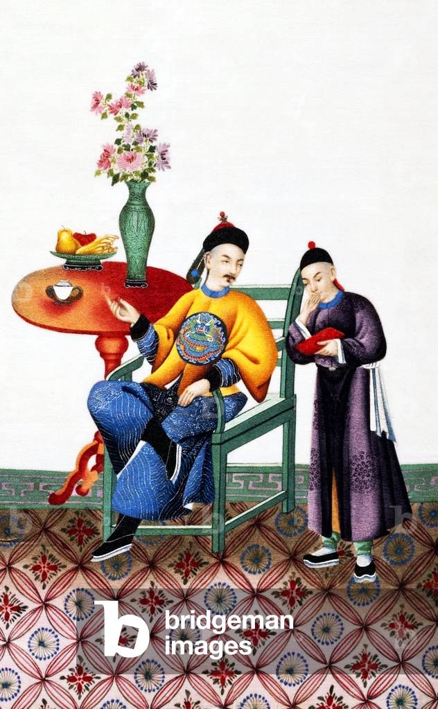 China: Hand-painted representation of master and servant in 19th century Qing Dynasty high society