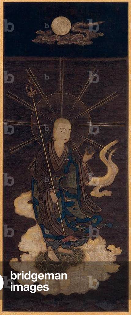 This image is from an early 14th century Japanese silk scroll painting titled 'Bodhisattva Jizo'.