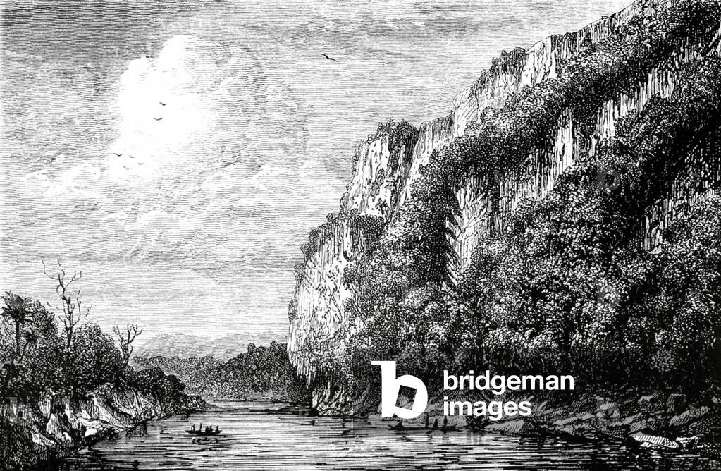 China: River in the valley outside the town of Tchao-tong in Yunnan province, redrawn from a sketch by Louis Delaporte in 1868.