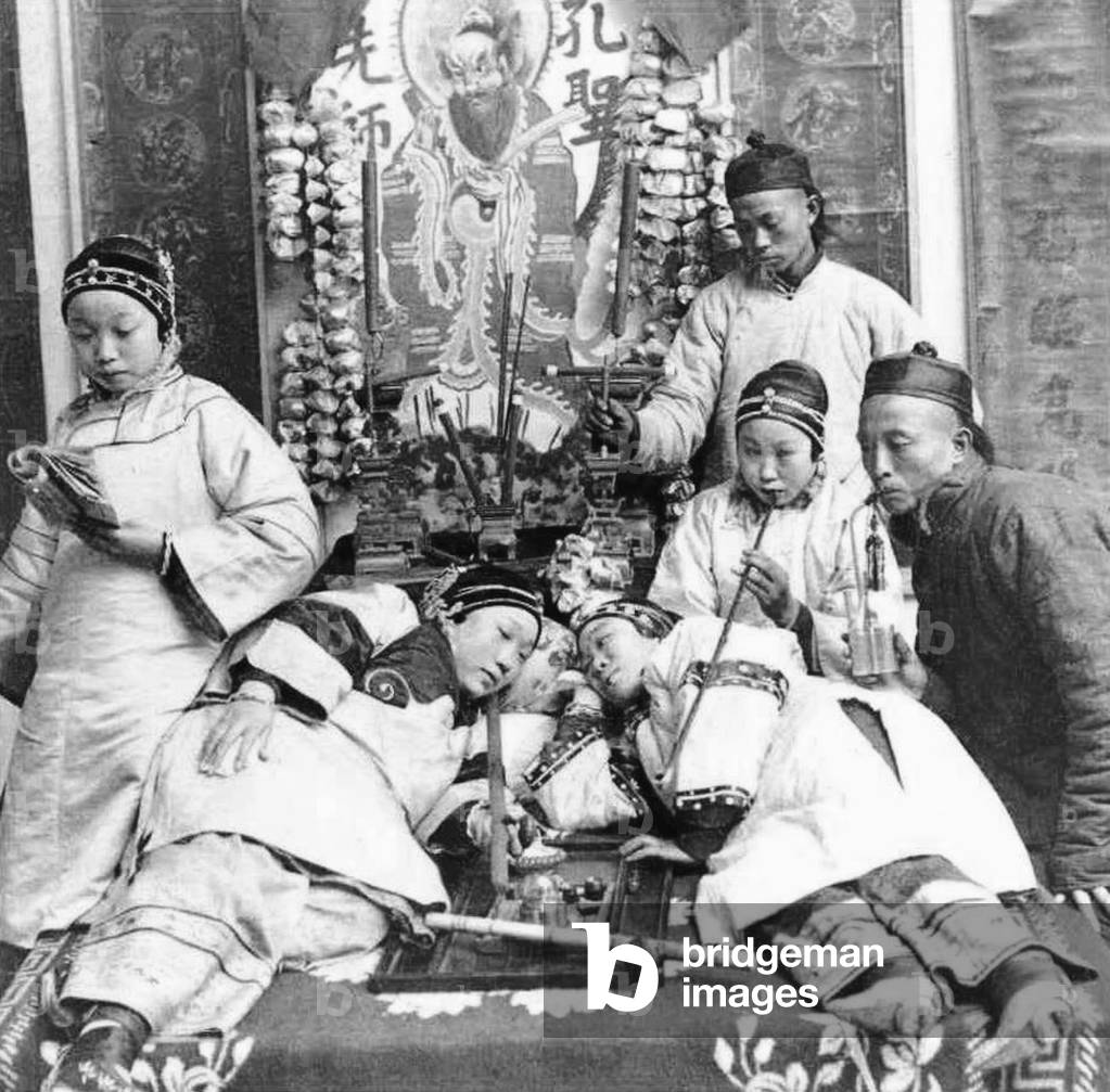 China: Opium-smoking 'singsong girls' with bound feet, late Qing period, c.1900. (Black and White).