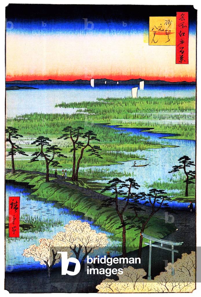 Japan: Spring: Moto-Hachiman Shrine in Sunamura. Image 29 of '100 Famous Views of Edo'. Utagawa Hiroshige (first published 1856-59)