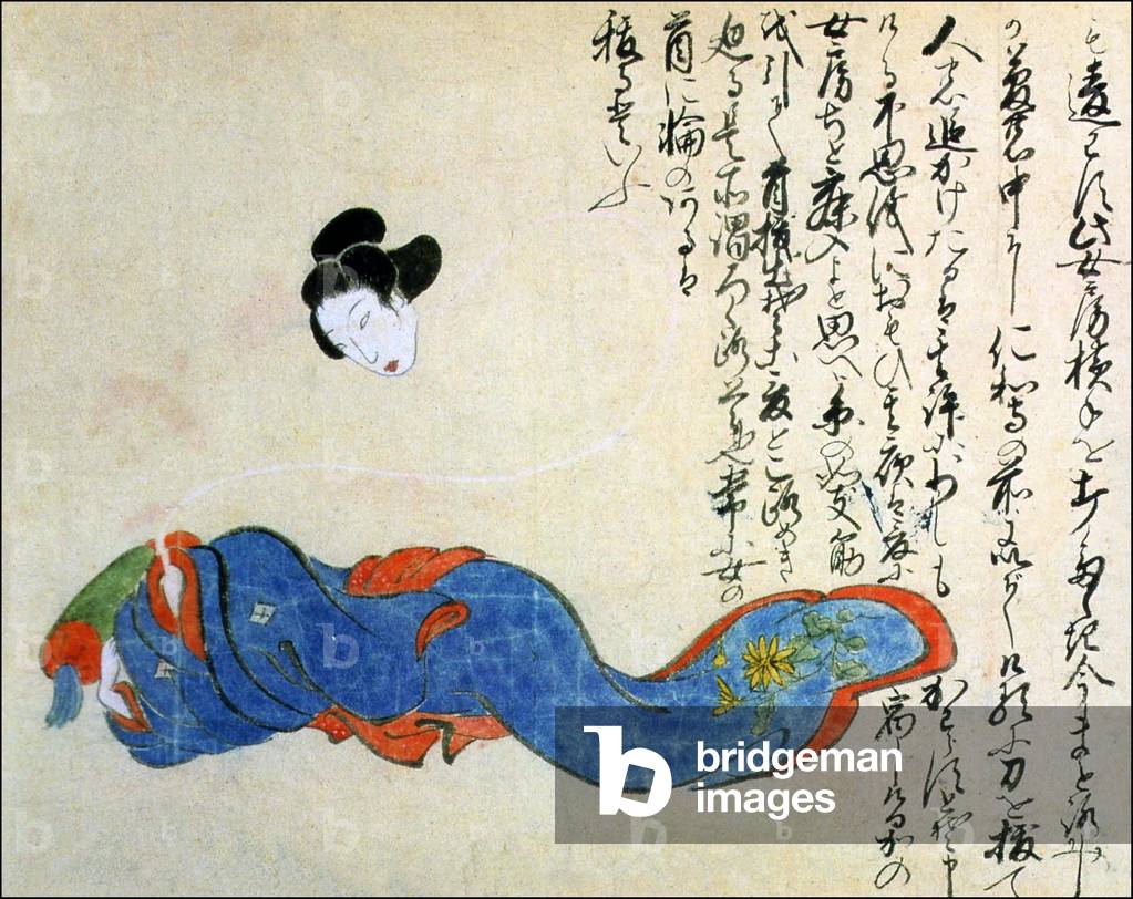 Japan: A long-necked rokurokubi woman of Kyoto. From the Kaikidan Ekotoba Monster Scroll, mid-19th century.