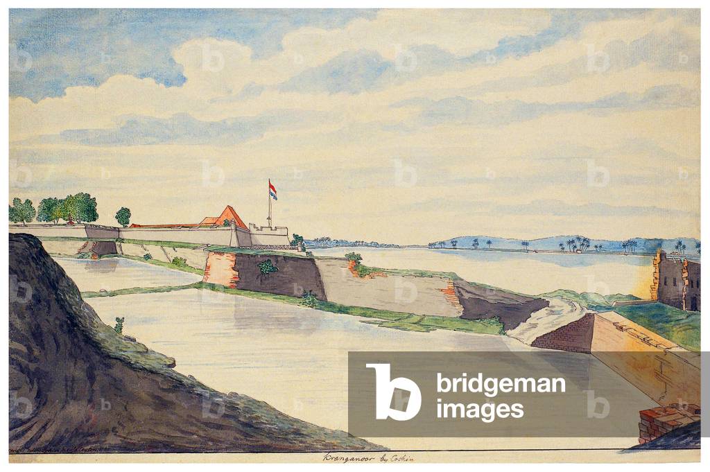 India: View of the Dutch fort Kranganoor (Cranganur) at Kochi (Cochin) in Kerala. The fortress flies a Dutch flag. Jan Brandes, 1785