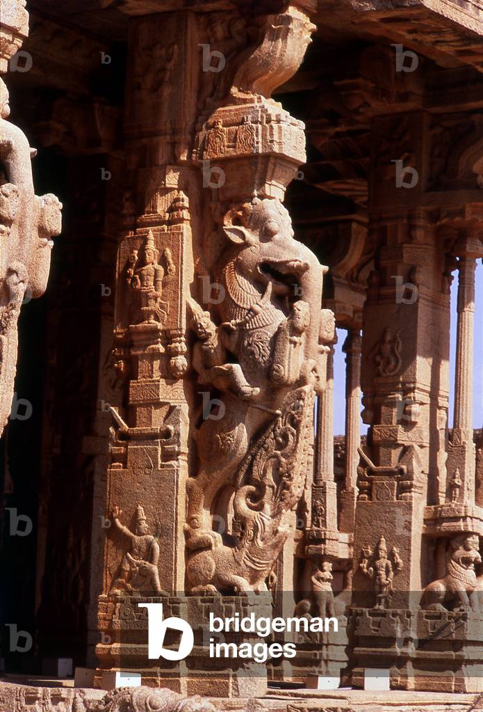 India: Leaping yalis (mythical creatures with the body of a lion and sometimes the head of an elephant) adorn the Vitthala Temple, Hampi, Karnataka State