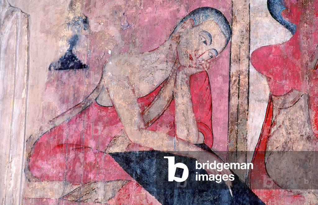 Thailand: A pensive monk, 19th century mural, Wat Nong Bua, near Nan, North Thailand