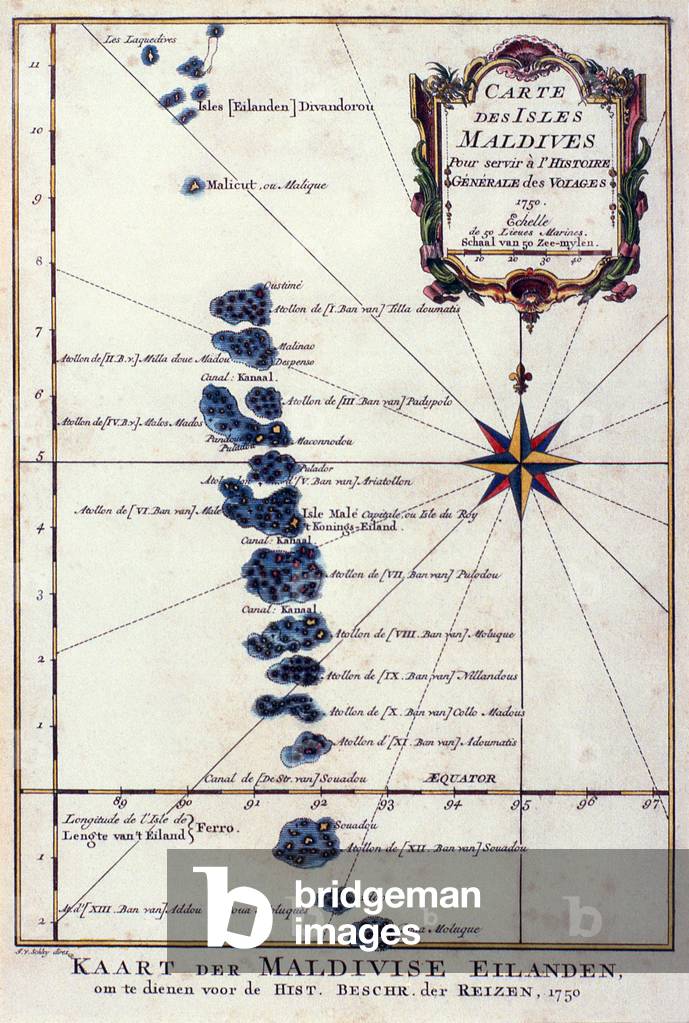 Maldives: Dutch version of a map of the Maldives (1750) by French cartographer, Jacques Nicolas Bellin (1703 - 1772)