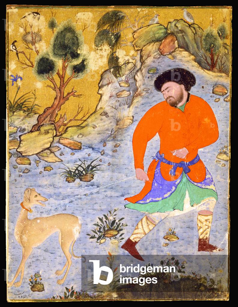 Iran: Miniature painting on cloth of a man with an apparently recalcitrant Saluki hunting dog on a leash. Mid-16th century.