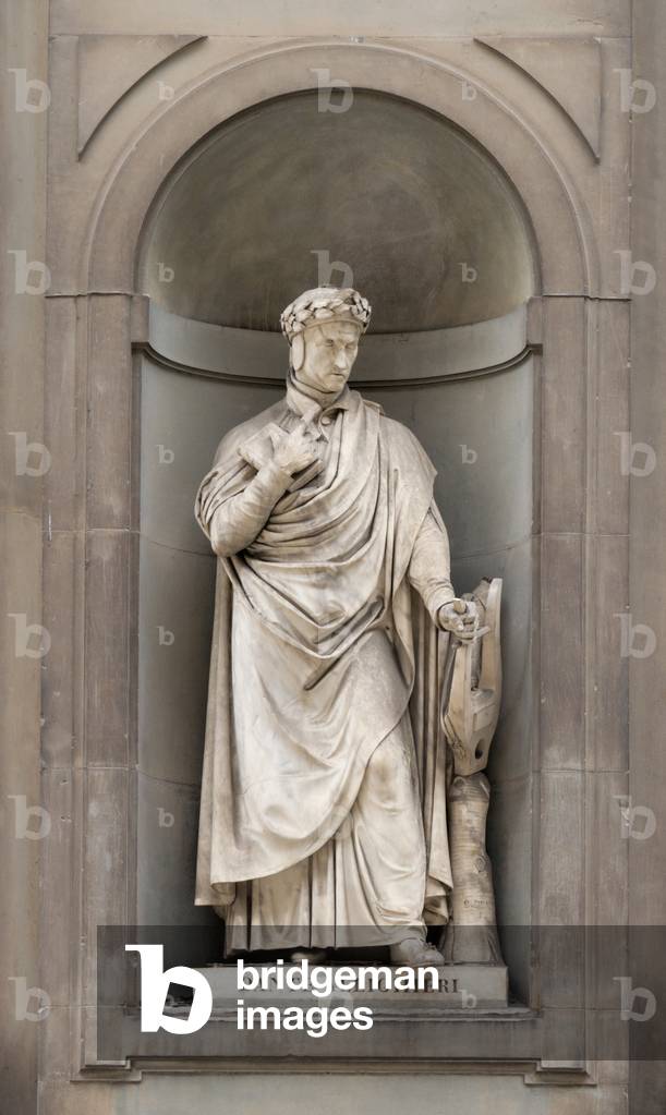 Italy: Dante Allighieri (c. 1265 - 1321), Italian poet, statesman, political theorist. 19th century statue outside the Uffizi Gallery, Florence, Italy. Sculpted by Emilio Demi