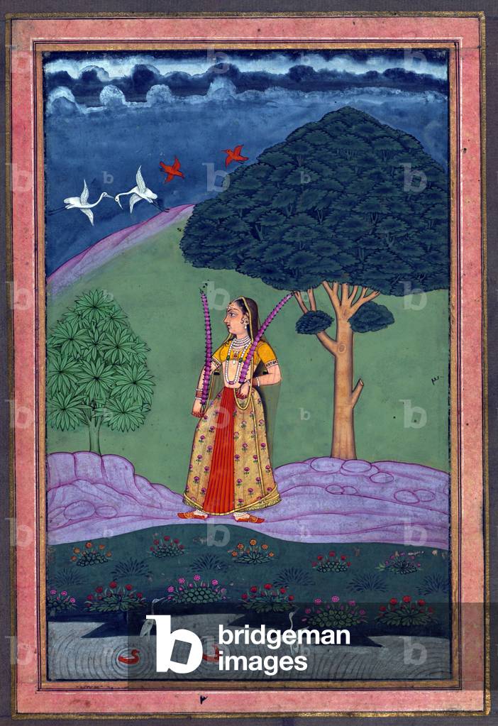 India: A woman by a lake. From an album or muraqqa' compiled in the Deccan in the late 19th century CE