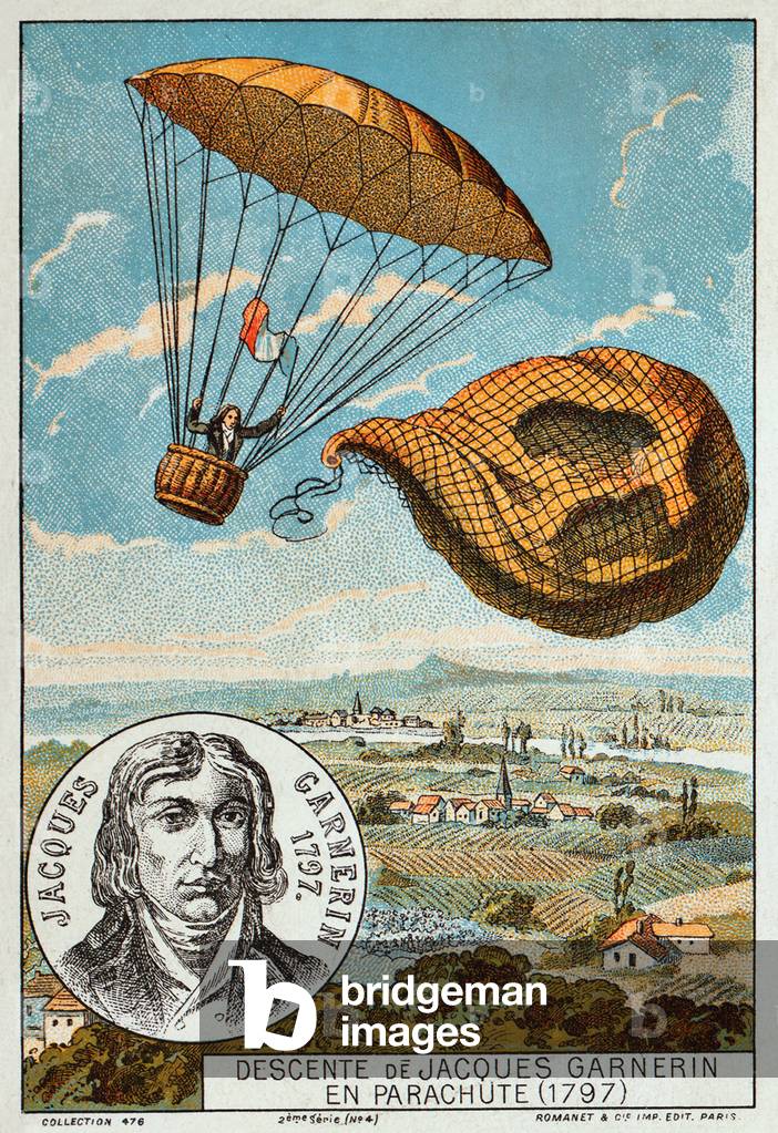 France: Early Flight - 'Descente de Jacques Garnerin en parachute, 1797' (Parachute jump by Jacques Garnerin, 1797), Paris, Romanet, c. 1895