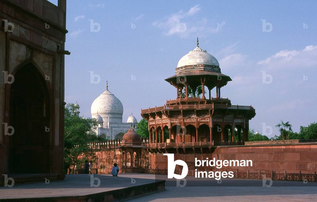 India: Outer red sandstone buildings at the Taj Mahal, Agra, Uttar Pradesh