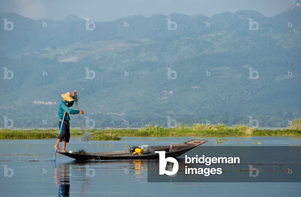 Burma / Myanmar: A leg rowing Intha fisherman on Inle Lake, Shan State