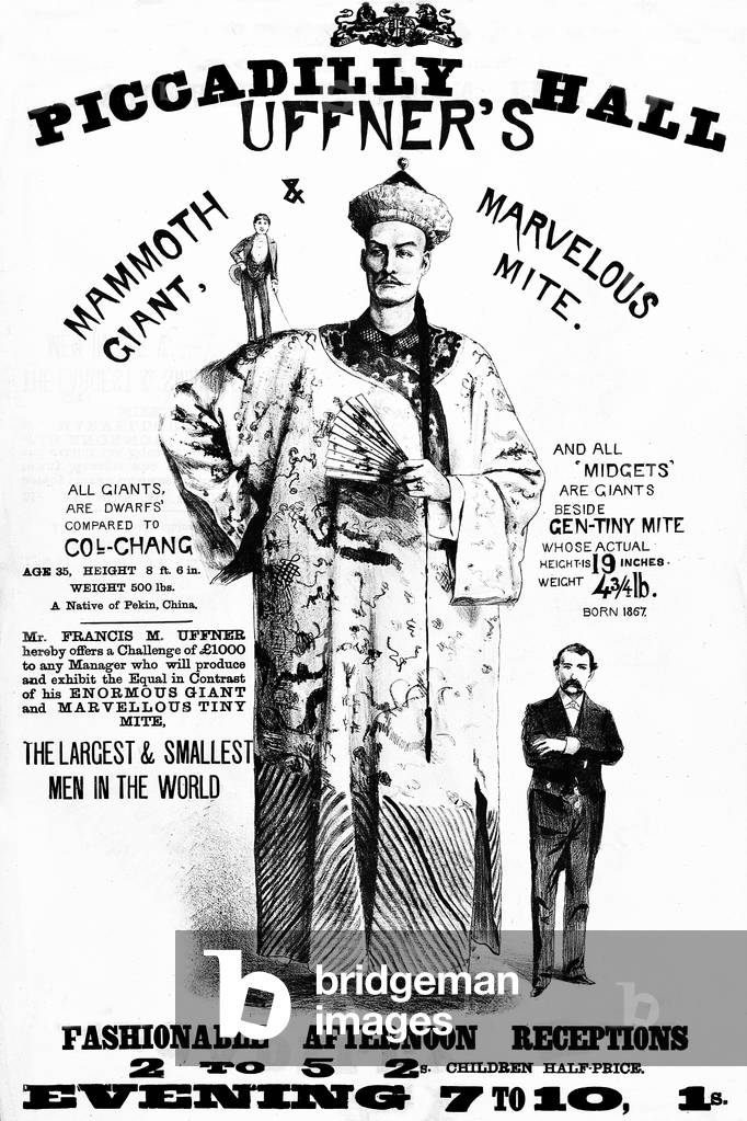 'Uffner's Mammoth Giant and Marvelous Mite' [Chang the Chinese Giant], Piccadilly Hall, London, c.1880 (litho)