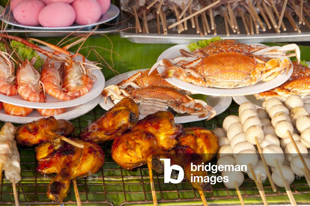 Thailand: A selection of seafood and fried chicken at a stall near Wat Ko Loi, Sri Racha, Chonburi Province