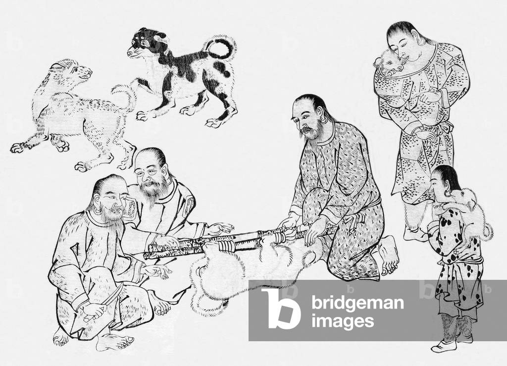 Russia / Japan: A group of Sakhalin Ainu men and their dogs capture a small bear. Mamiya Rinzo (1780-1844), Kita Ezo zusetsu