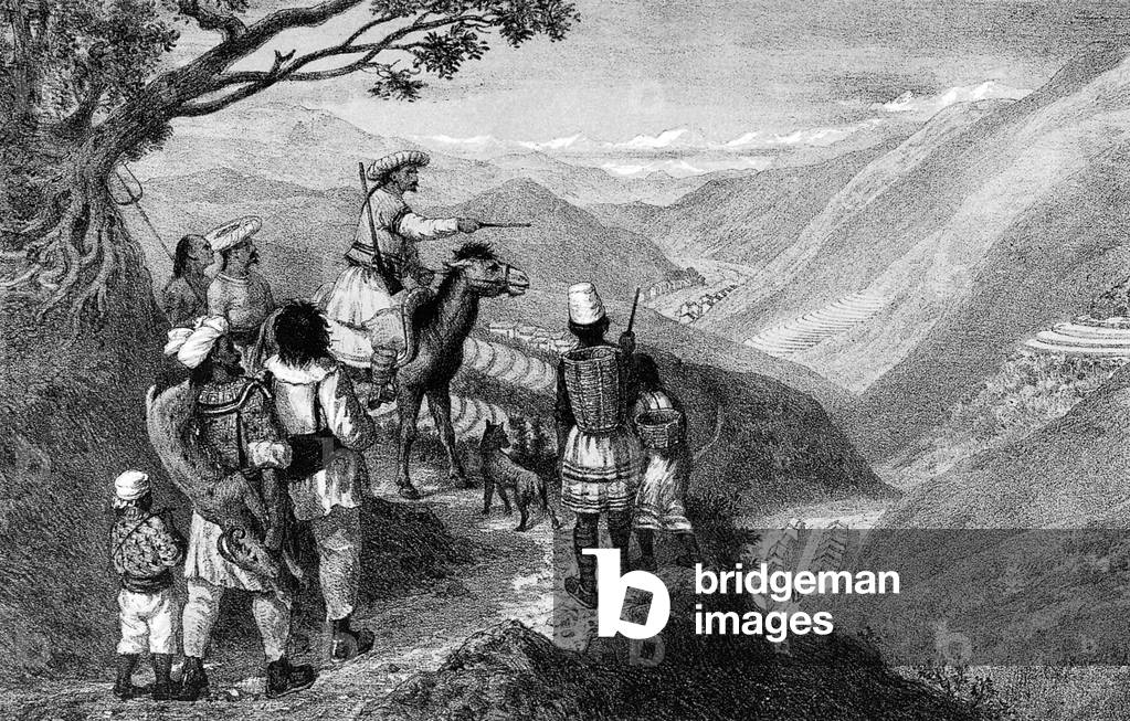 China: A Chinese chieftain on horseback asks local peasants about the route from Zhaotong to Ta-kouan, illustrated by French expeditioner Louis Delaporte in 1868.