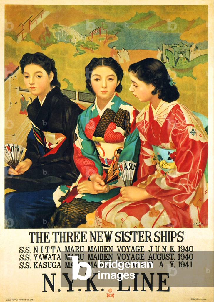 Japan: Advertising poster for the Japan Mail Steamship Company (1940). 'Three new sister ships' were launched just before the outbreak of World War II in the Pacific