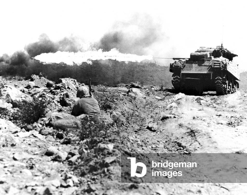 Japan / USA: US flamethrower tank in action against entrenched Japanese, Battle of Iwo Jima, March 1945