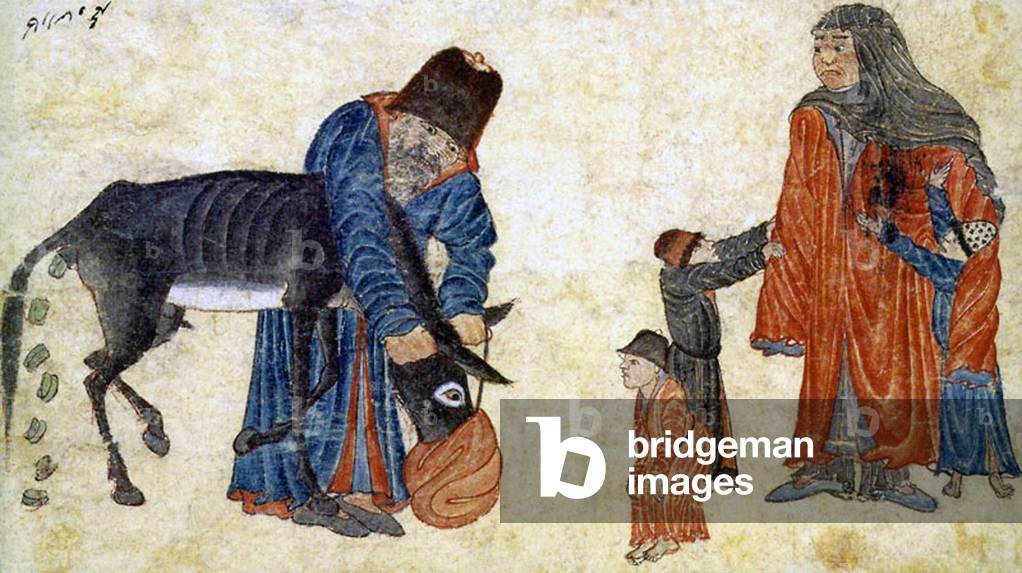 Central Asia: Siyah Kalem School, 15th century: A man feeding a donkey watched by his wife and children.