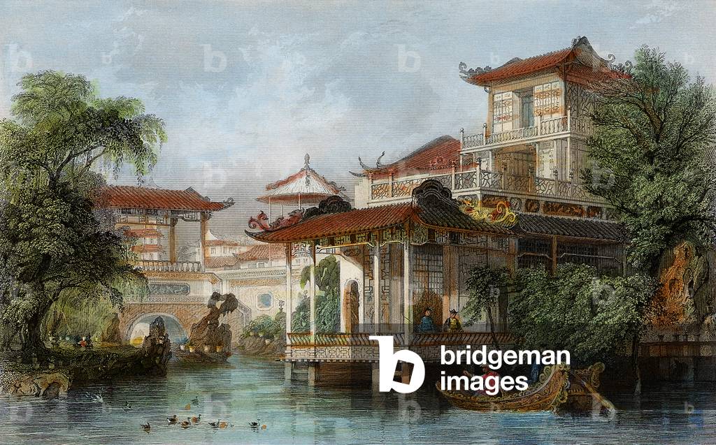 China: 'House of a Chinese Merchant near Canton' (hand-coloured engraving)
