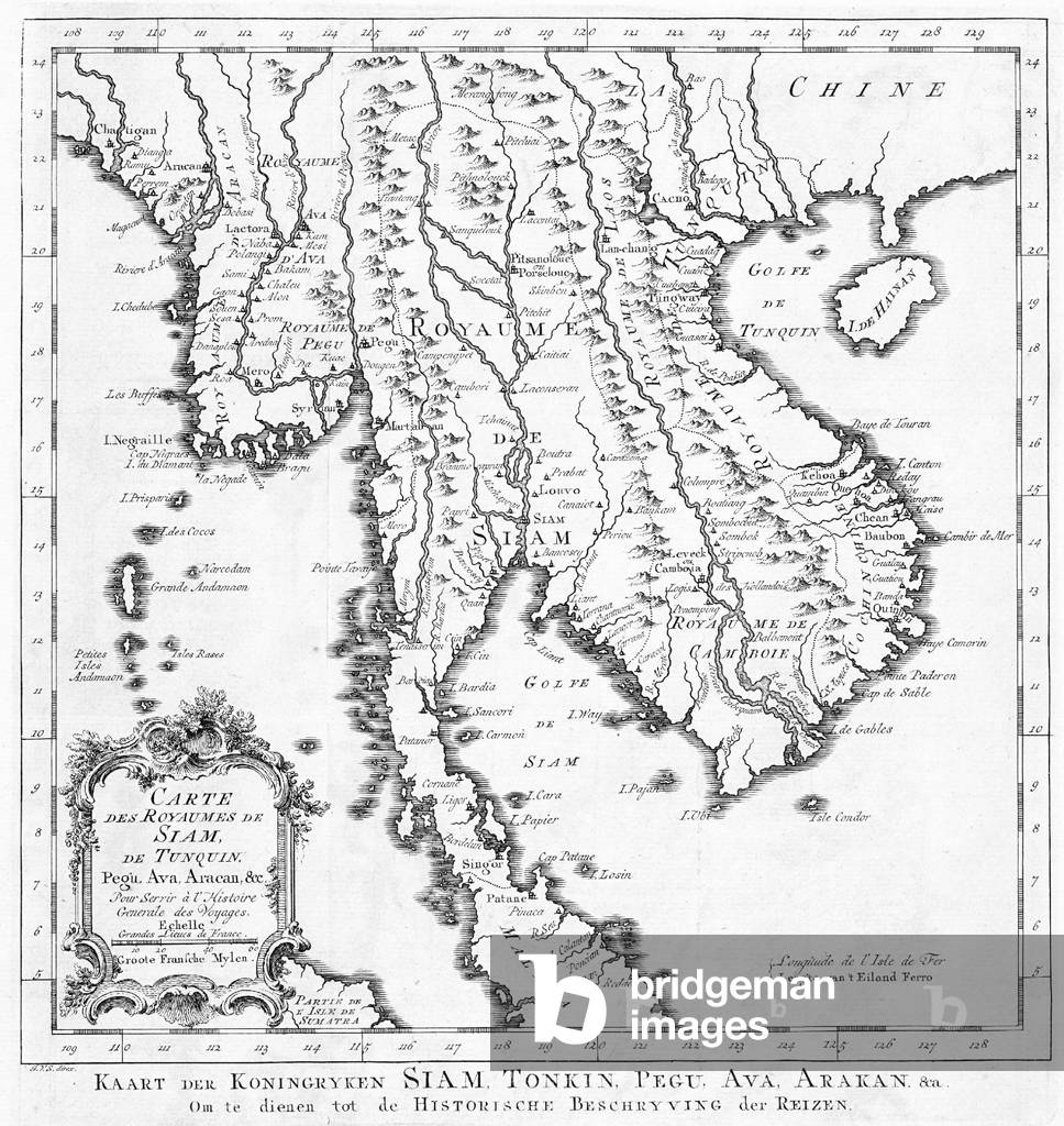Southeast Asia: 'Kaart der Koningryken Siam, Tonkin, Pegu, Ava, Arakan' (Map of Siam, Tonkin, Pegu, Ava and Arakan), Jacobus van der Schley (1715-1779), c. 1753