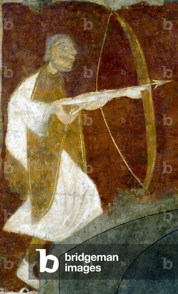 Spain: A hunter with a crossbow, fresco from the Hermitage of San Baudelio de Berlanga, Soria, c. 1125