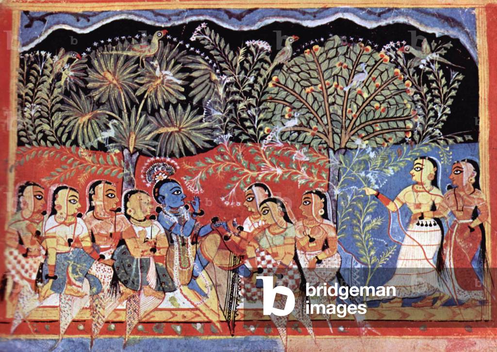 India: Gita Govinda manuscript, Krishna and the Gopis in the Forest (c. 1550).