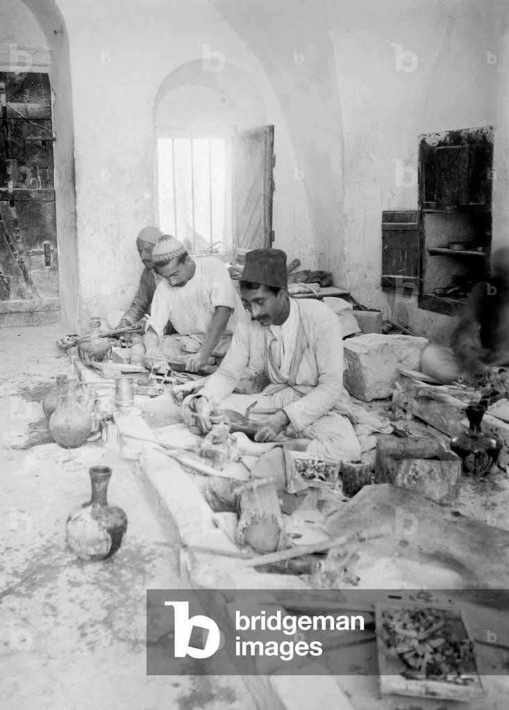 Palestine: Palestinian workers crafting mother of pearl, Jerusalem, c. 1910