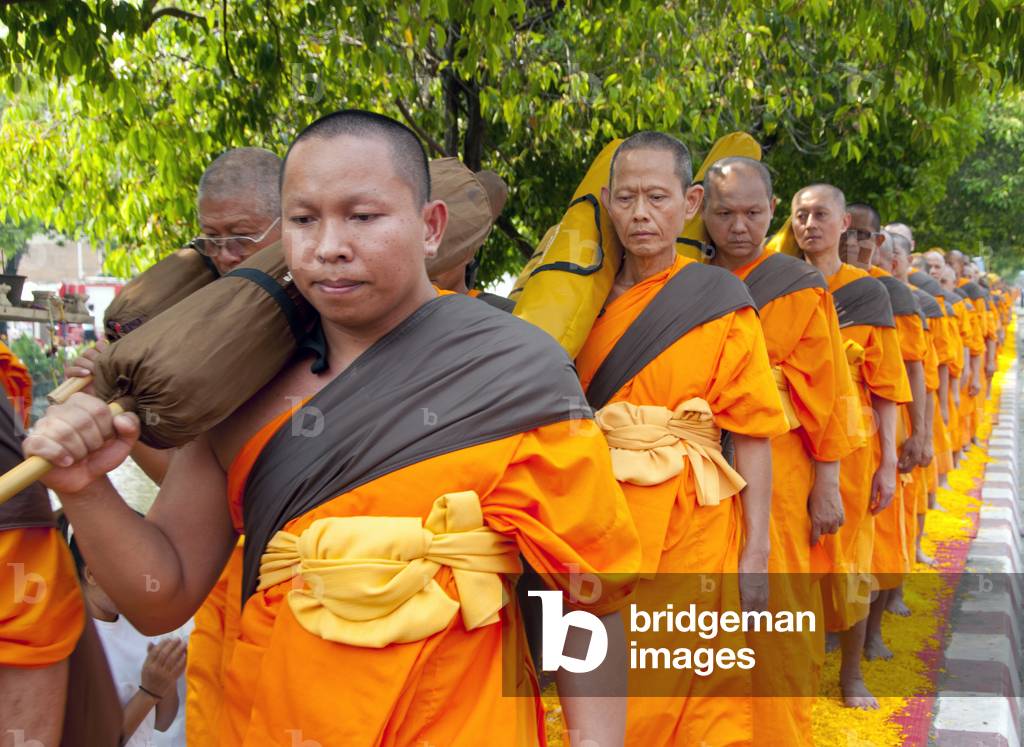 Thailand: Some of the 500 'dhutanga' monks processing around Chiang Mai's central moat on a bed of flower petals. April 9, 2014
