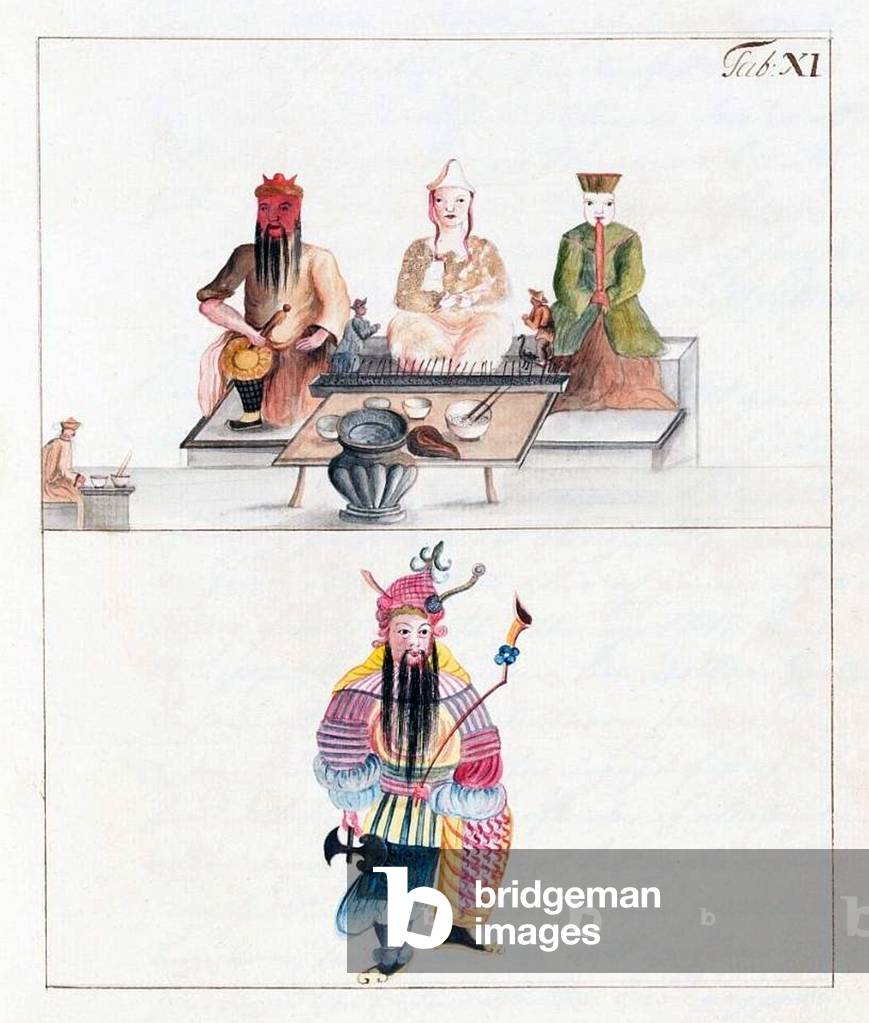 China: Images from the Swedish East India Company of 1746 - Musicians at a kebab stall and an entertainer.