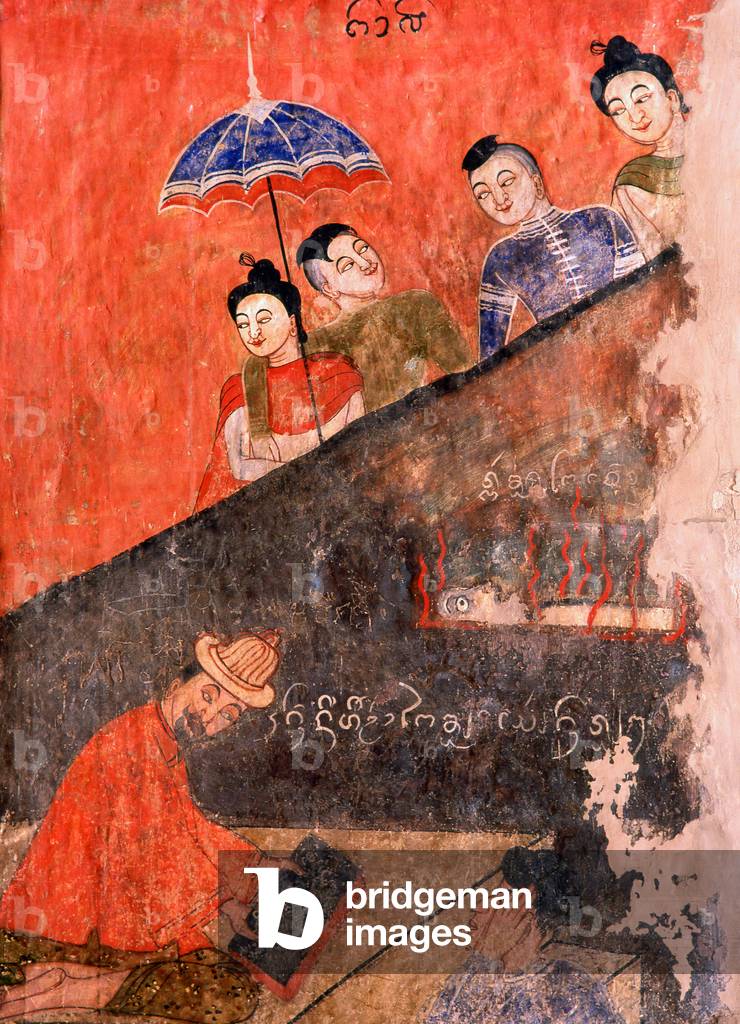 Thailand: Flirting on a staircase and a holy man studies, 19th century mural, Wat Phumin, Nan, North Thailand