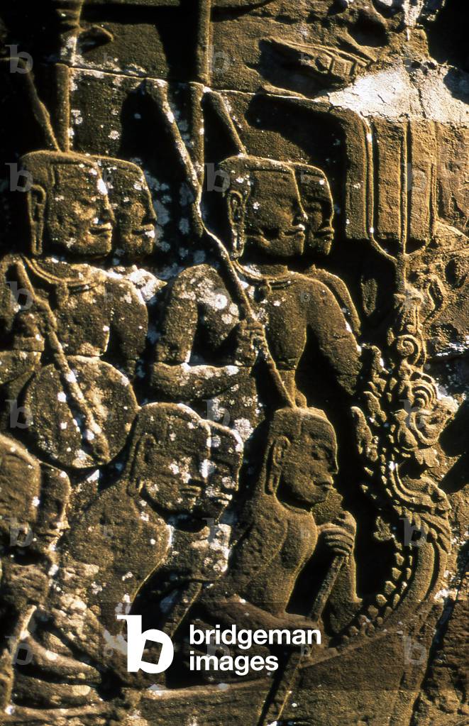 Cambodia: Khmer warriors in a warship approach a Cham warship in a battle on the Tonle Sap, bas-relief, the Bayon, Angkor Thom