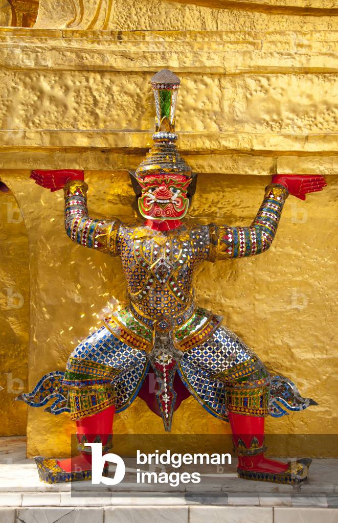 Thailand: Giant supporting a chedi (all the giants around the chedi are characters from the Ramakien), Wat Phra Kaeo (Temple of the Emerald Buddha), Grand Palace, Bangkok