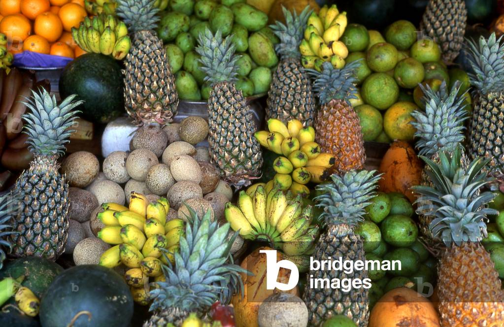 Sri Lanka: Fresh fruit display at a market in Tissamaharama, Southern Province (2004)