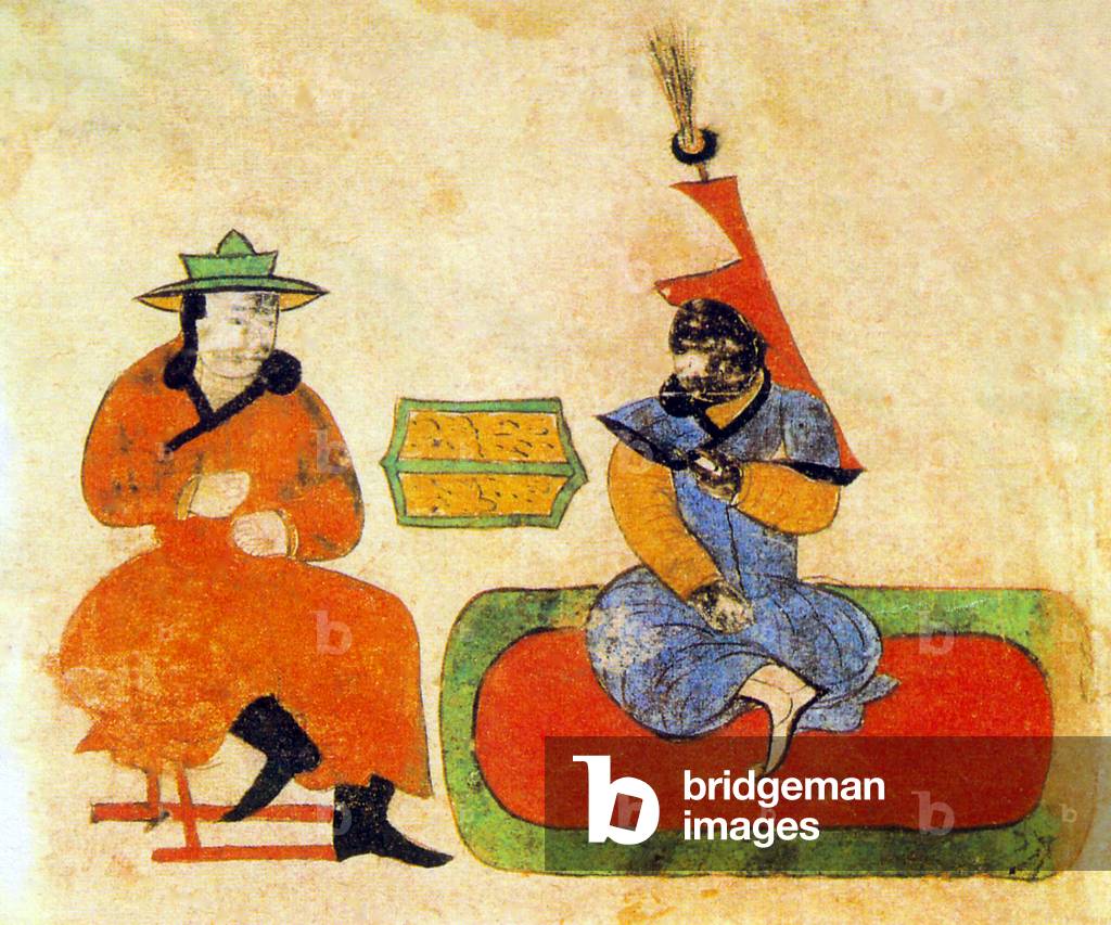 Mongolia / Iran / Persia: Bartan-Bahadur and Sunigil-Fudjin, the grandparents of Genghis Khan. Ilkhanid miniature, c. early 14th century