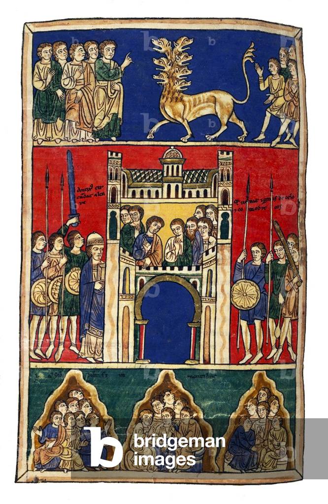 Spain: 'Satan Freed'. A Horned seven-headed Beast (the Antichrist) from the Sea is flanked by groups of men representing nations. From a 12th century version of 'The Commentary on the Apocalypse' by Beatus of Liebana