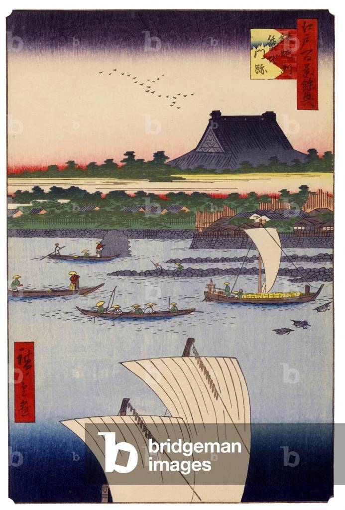 Japan: Autumn: Teppozu and Tsukiji Monzeki Temple. Image 78 of '100 Famous Views of Edo'. Utagawa Hiroshige (first published 1856-59)