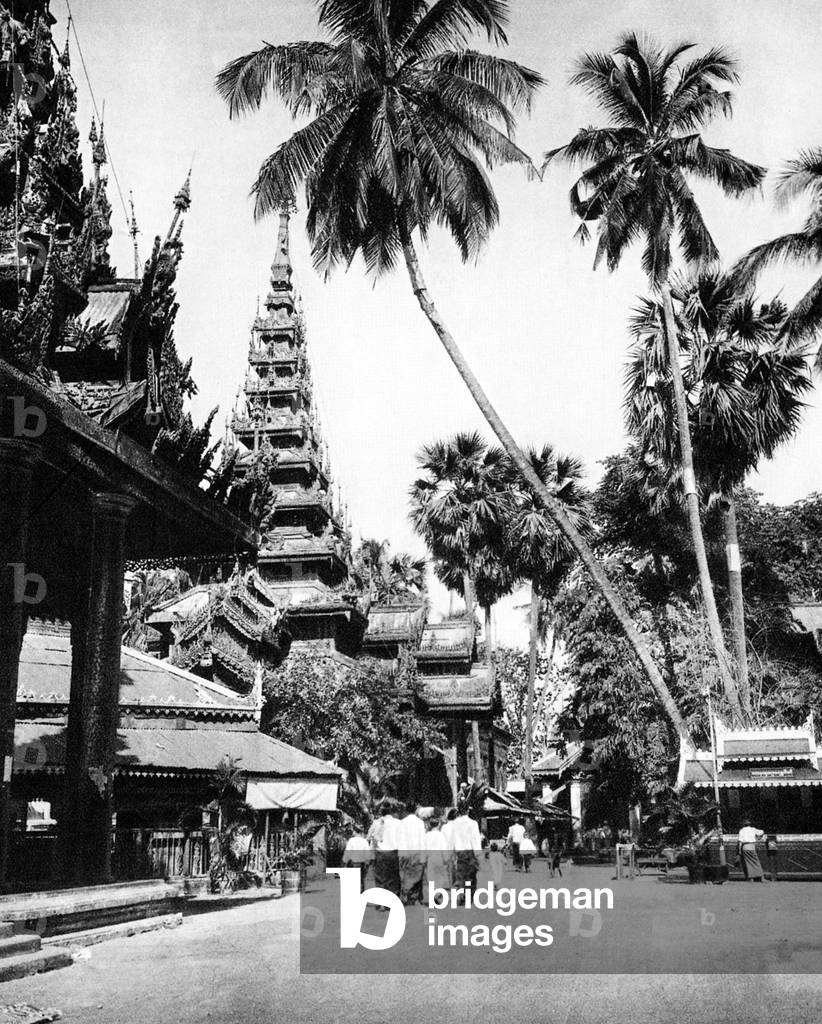 Burma/ Myanmar: A chedi and pavilion inside the compound of Shwedagon pagoda, Rangoon, c. 1920s.