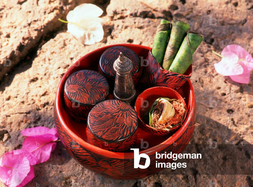 Thailand: An almost 100 year old lacquer betel set with silver lime pot from Lampang, northern Thailand