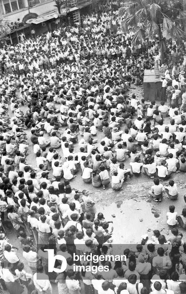 Demonstrating against the government outside the Ministry of Health, Rangoon, 1988 (b/w photo)