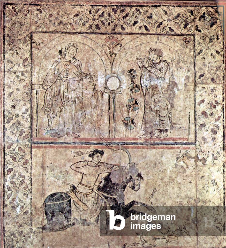 Syria: Musicians and an archer on horseback. Fresco from Qasr al-Hayr al-Gharbî, Syria, Ummayad caliph's Palace, built in the early 7th century CE