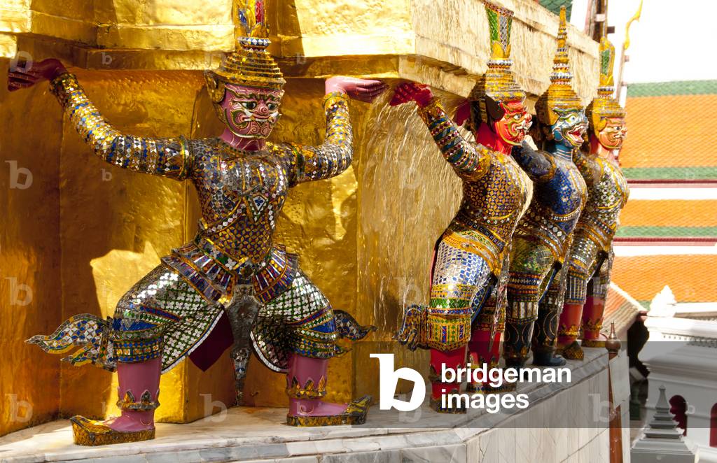 Thailand: Giants and monkey supporting a chedi (all the giants around the chedi are characters from the Ramakien), Wat Phra Kaeo (Temple of the Emerald Buddha), Grand Palace, Bangkok