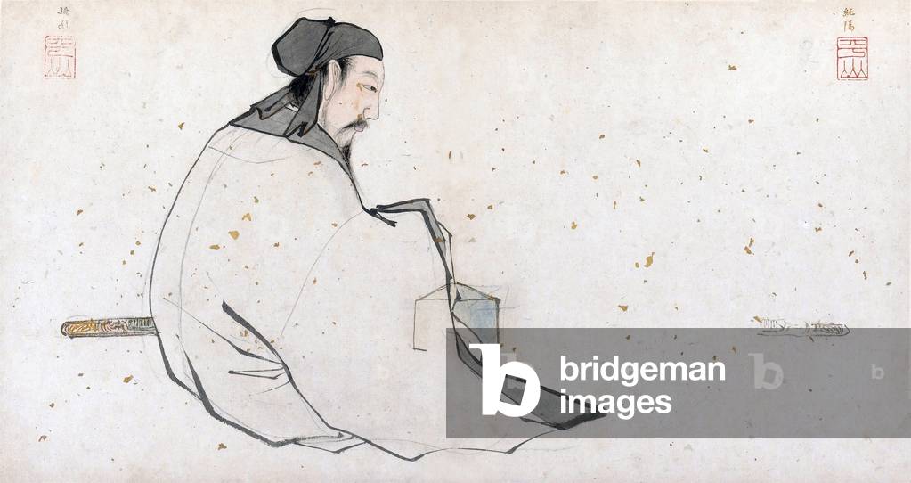 China: The Daoist immortal Lu Dongbin, from the album of 18 Daoist Paintings by Zhang Lu (1464-1538), 16th century CE. Painting sprinkled with gold leaf, Shanghai Museum, Shanghai
