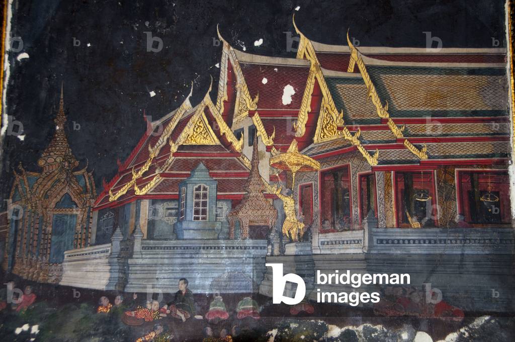 Thailand: Mural of King Mongkut (Rama IV) studying an eclipse, Wat Ratchapradit, Bangkok