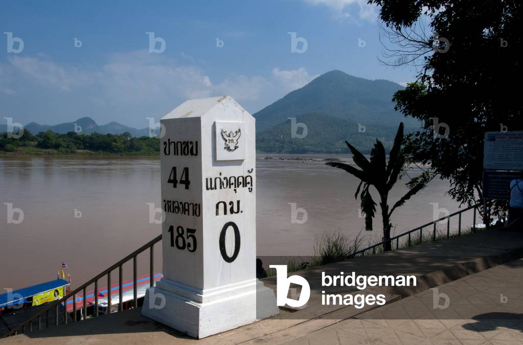 Thailand: Large kilometer marker at Kaeng Khut Khu on the Mekong River, Loei Province
