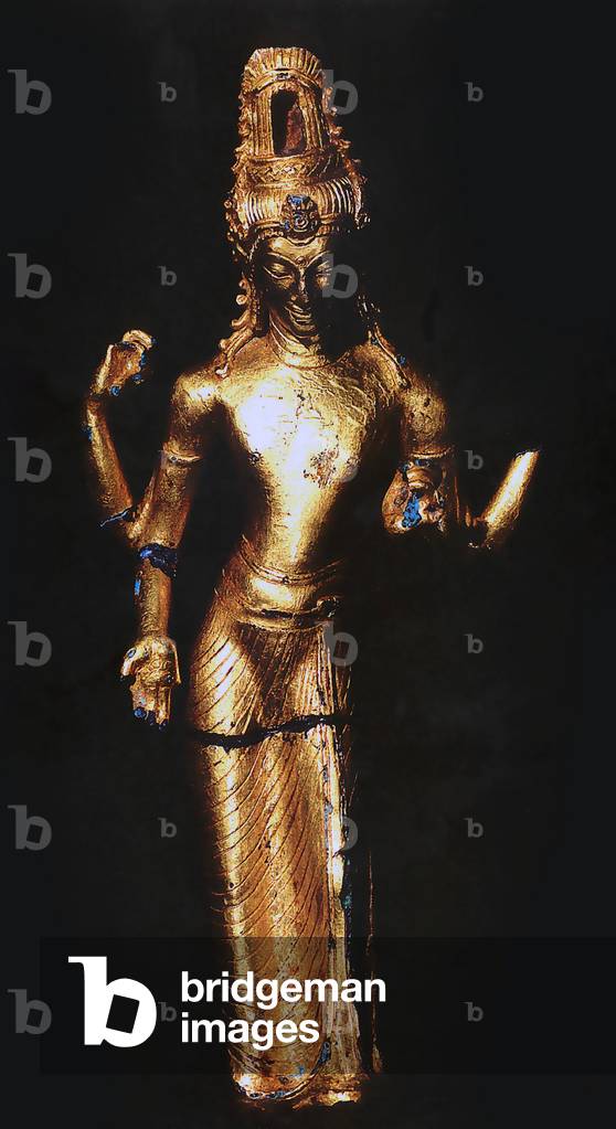 Indonesia: A golden statue of Avalokitesvara from Jambi, Sumatra. Srivijaya Period (8th-12th century CE).